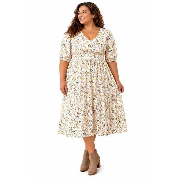 ELOQUII Dresses & Skirts - ELOQUII Floral Midi Dress Yellow White Empire Waist Cottagecore NWT | Size 20